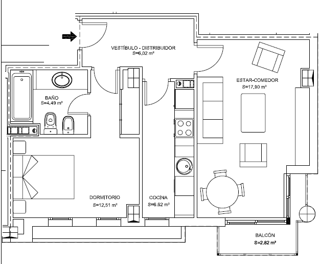Plano 1 dormitorio obra nueva Móstoles Plano 1 dormitorio obra nueva Móstoles